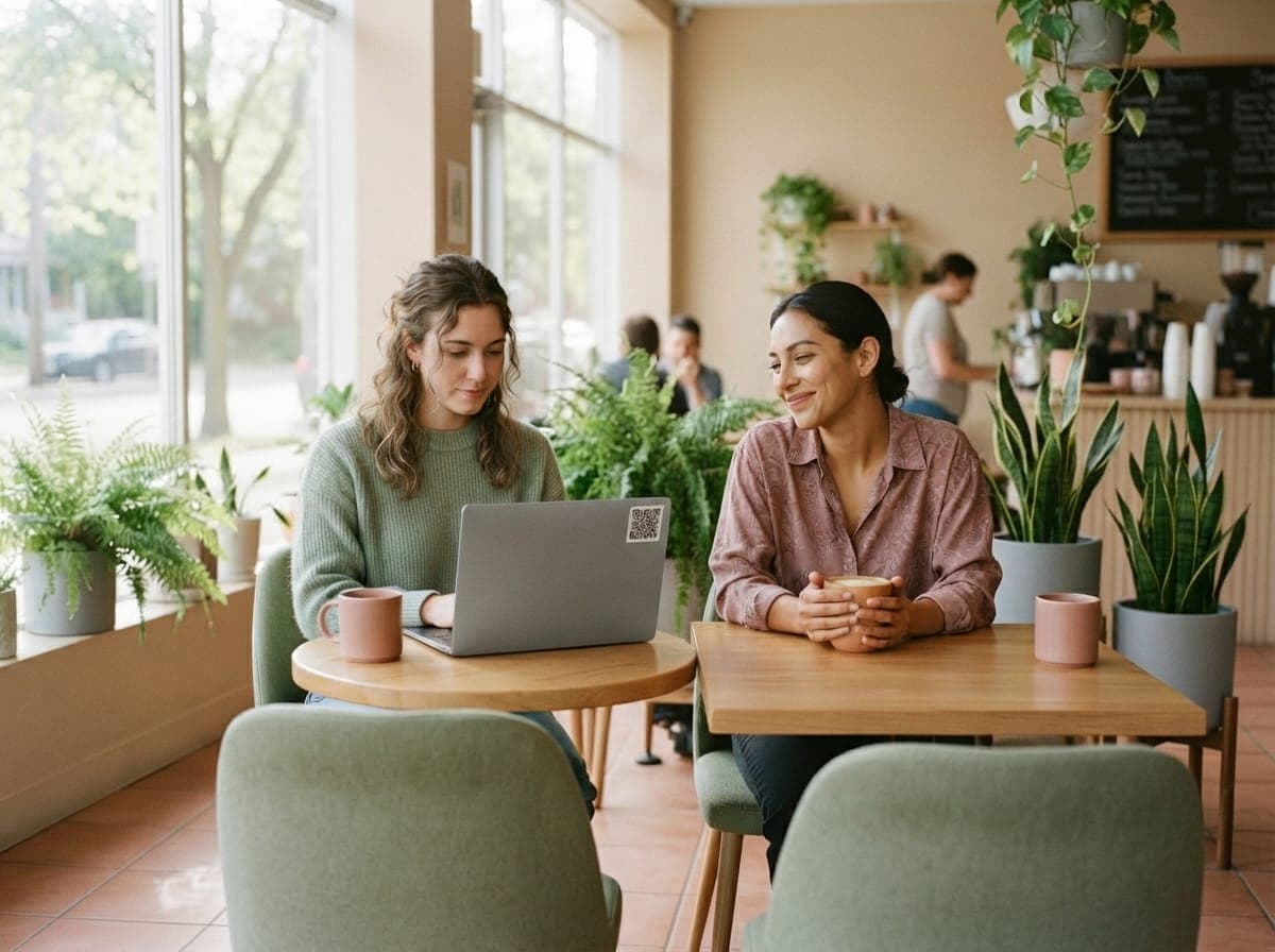Zwei Frauen sitzen in einem Café an getrennten Tischen, auf dem Laptop der einen klebt ein QR-Code.