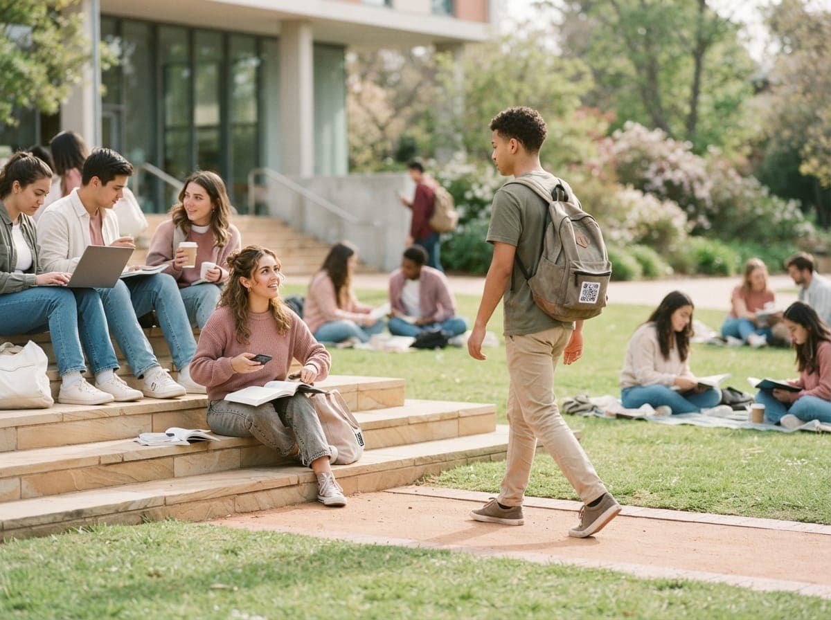 Studierende sitzen und lagern auf einer Wiese und Treppe am Campus, ein junger Mann mit QR-Code am Rucksack geht vorbei.