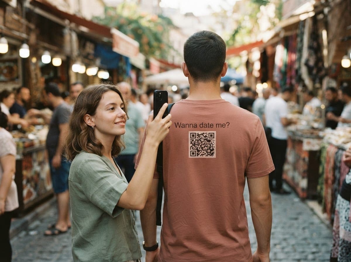 Eine junge Frau hält auf einem Markt ihr Smartphone an den QR-Code auf dem Rücken eines vor ihr gehenden Mannes.