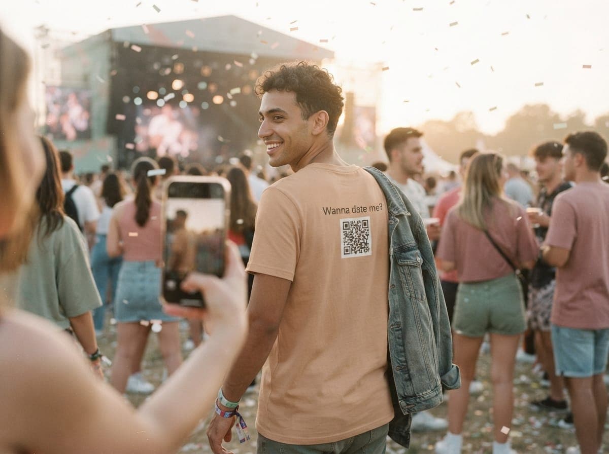 Ein Mann in einem Shirt mit QR-Code blickt auf einem Festivalgelände über die Schulter, eine Person fotografiert mit dem Smartphone.
