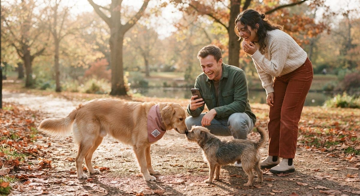 Zwei Hunde beschnuppern sich im Herbstpark, ihre Besitzer lachen, am Halstuch des großen Hundes ist ein QR-Code.