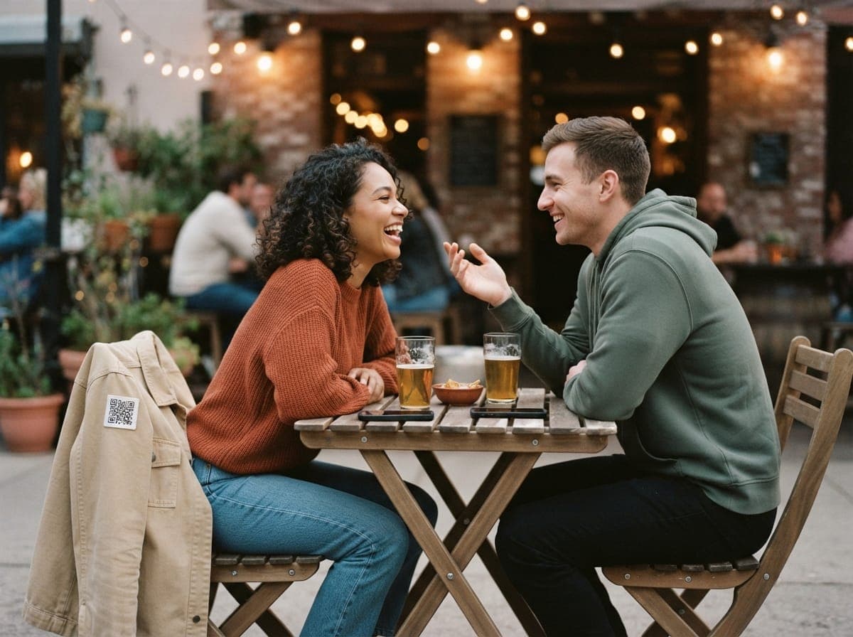 Zwei Menschen sitzen lachend an einem Holztisch vor einer Bar, vor ihnen zwei Gläser Bier.