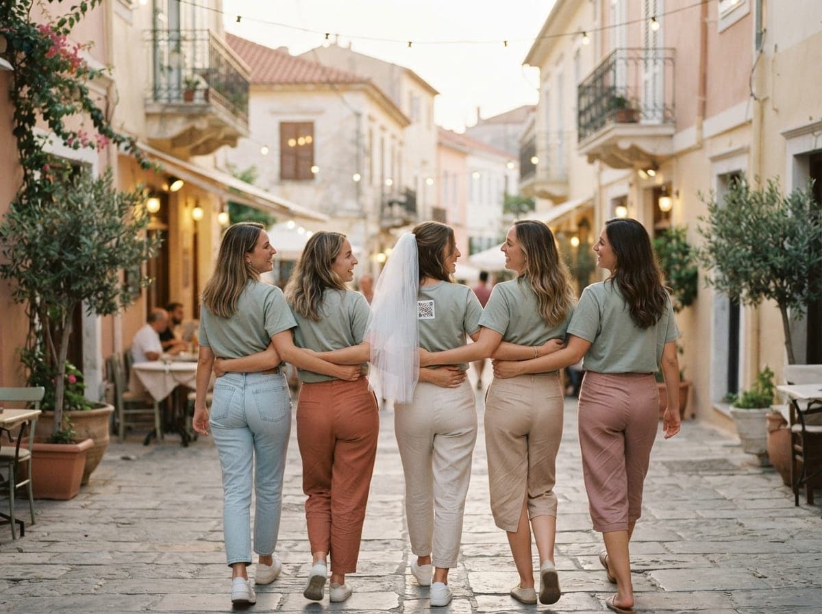 Fünf Frauen in gleichen Shirts gehen untergehakt durch eine Altstadtgasse, eine trägt einen Schleier und einen QR-Code auf dem Rücken.