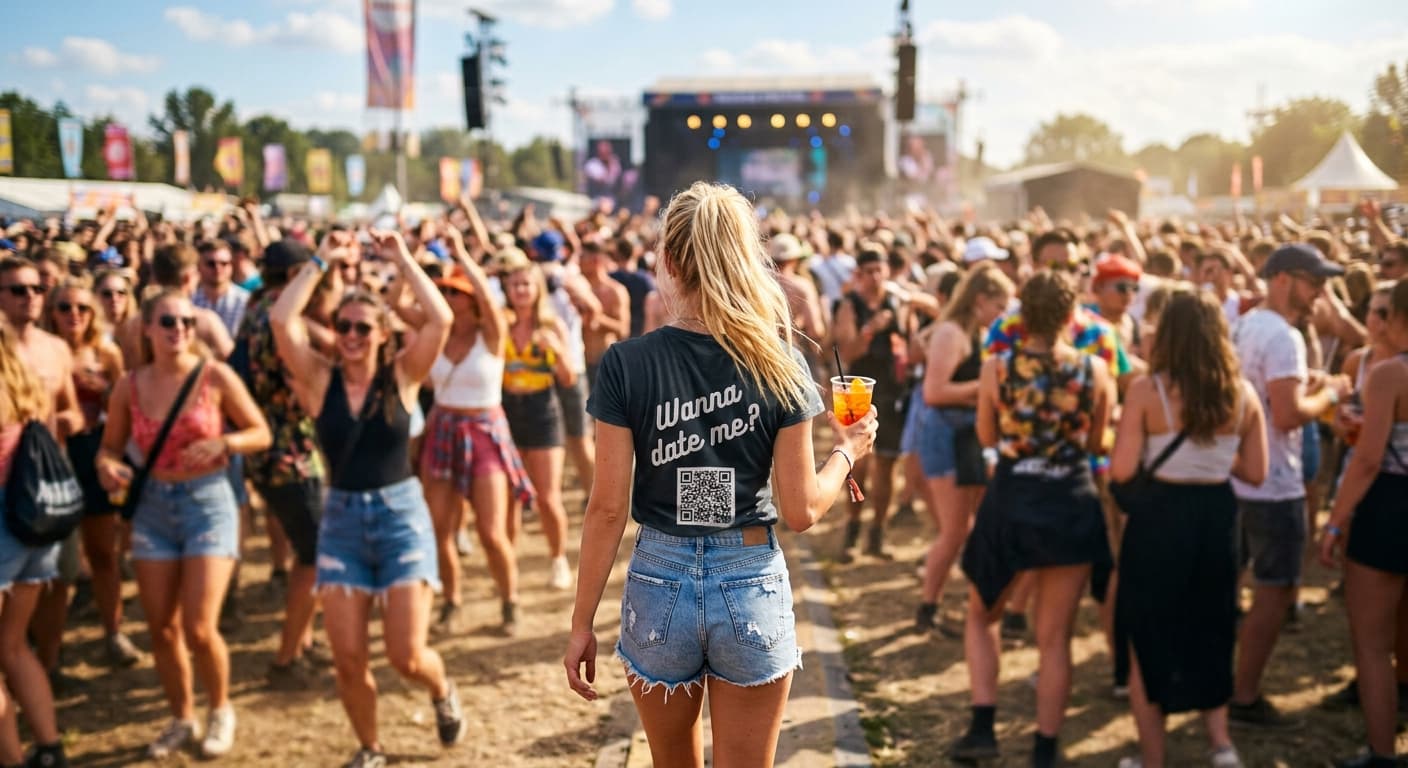 Festivalbesucherin von hinten in einer Menge; auf ihrem Shirt steht „Wanna date me?“ über einem QR-Code.